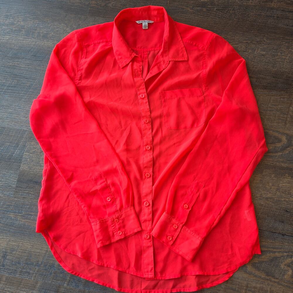 American Eagle Neon Orange/Pink Button up Long Sleeve Large